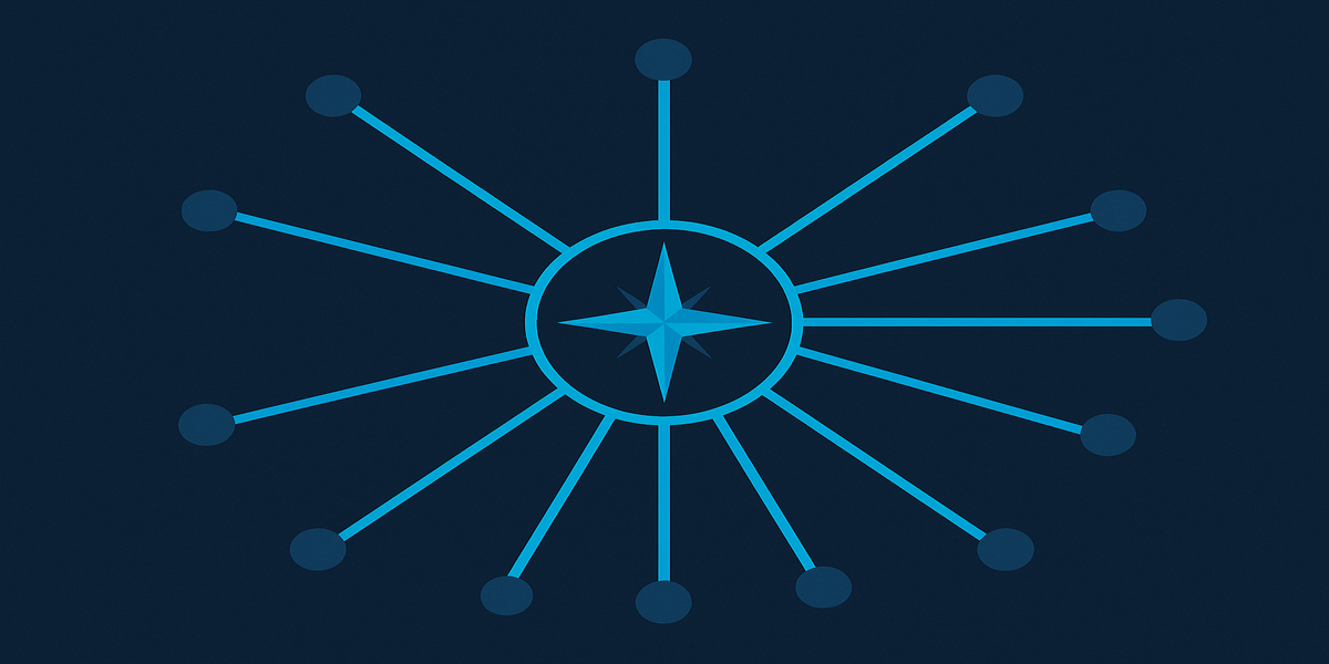 Abstract geometric compass with radiating pathways representing guidance and direction