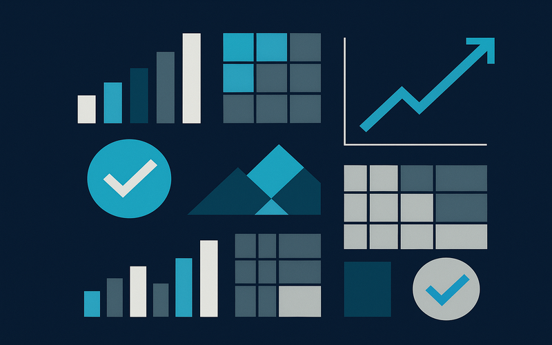 Abstract geometric financial dashboard with charts and compliance shapes