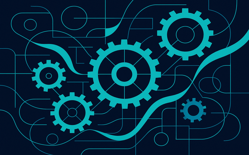 Abstract geometric engine with interlocking gears and energy paths