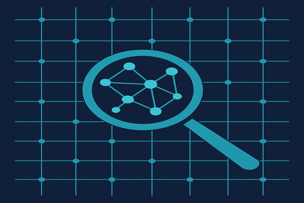 Abstract geometric magnifying glass scanning a network grid