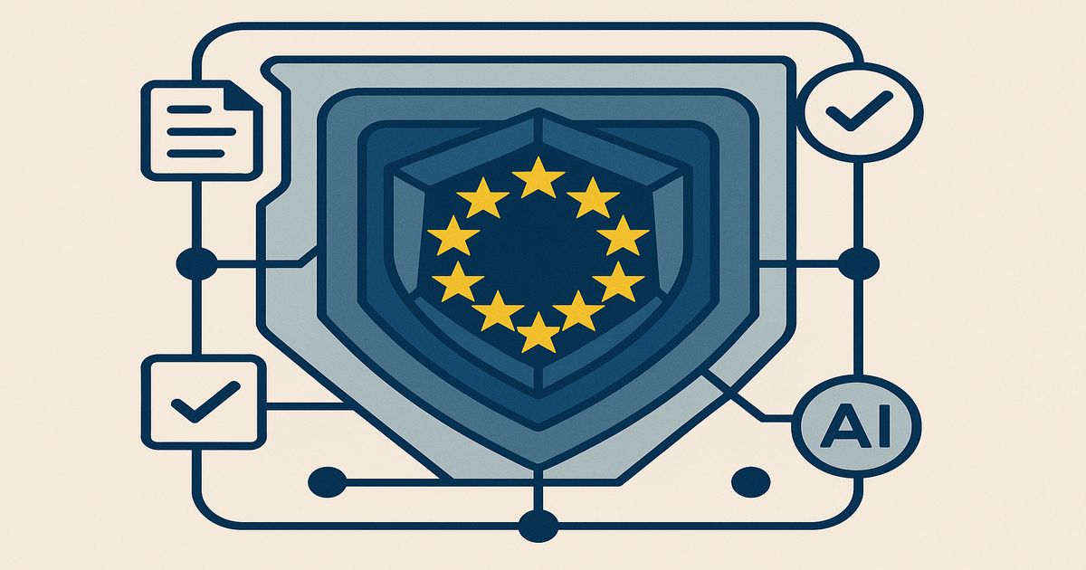 Abstract geometric shield composed of twelve symmetrical elements surrounded by compliance checkpoints representing EU AI Act regulatory framework