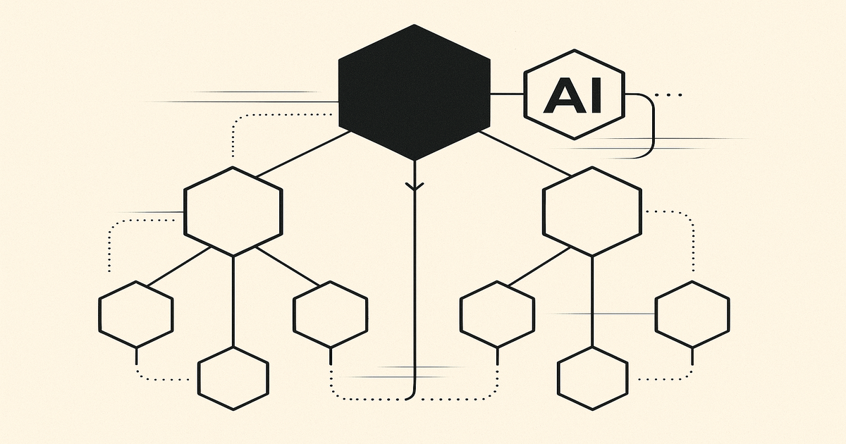 Abstract geometric network of hexagonal nodes representing executive AI governance and strategic decision-making hierarchy