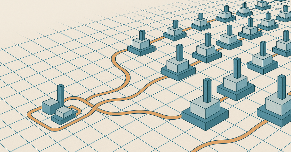 Abstract geometric composition showing small pilot cluster expanding through a grid into a vast industrial-scale network of modular manufacturing units