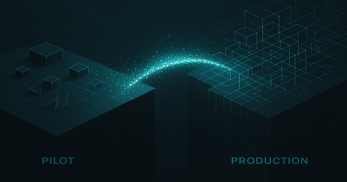 Abstract geometric bridge of data particles spanning between small pilot cluster and expansive production-scale network