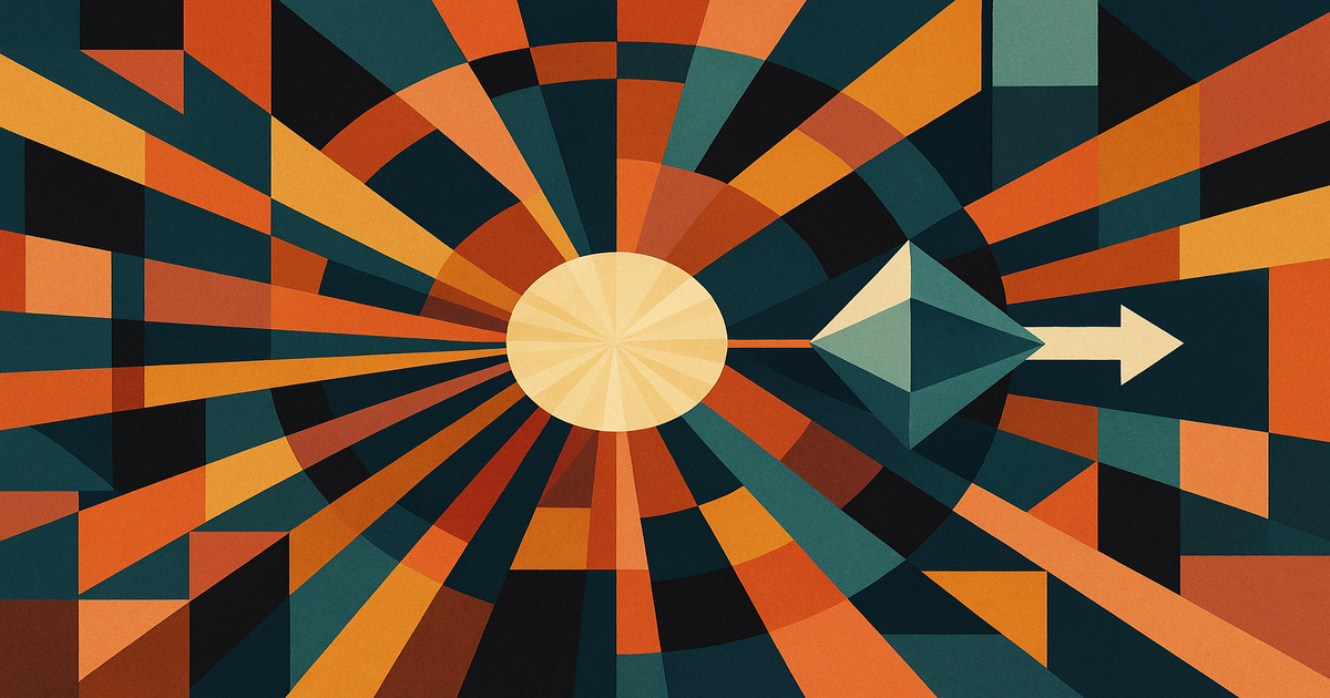 Abstract geometric composition with converging pathways funneling through a crystalline decision prism representing clarity emerging from a focused AI readiness workshop